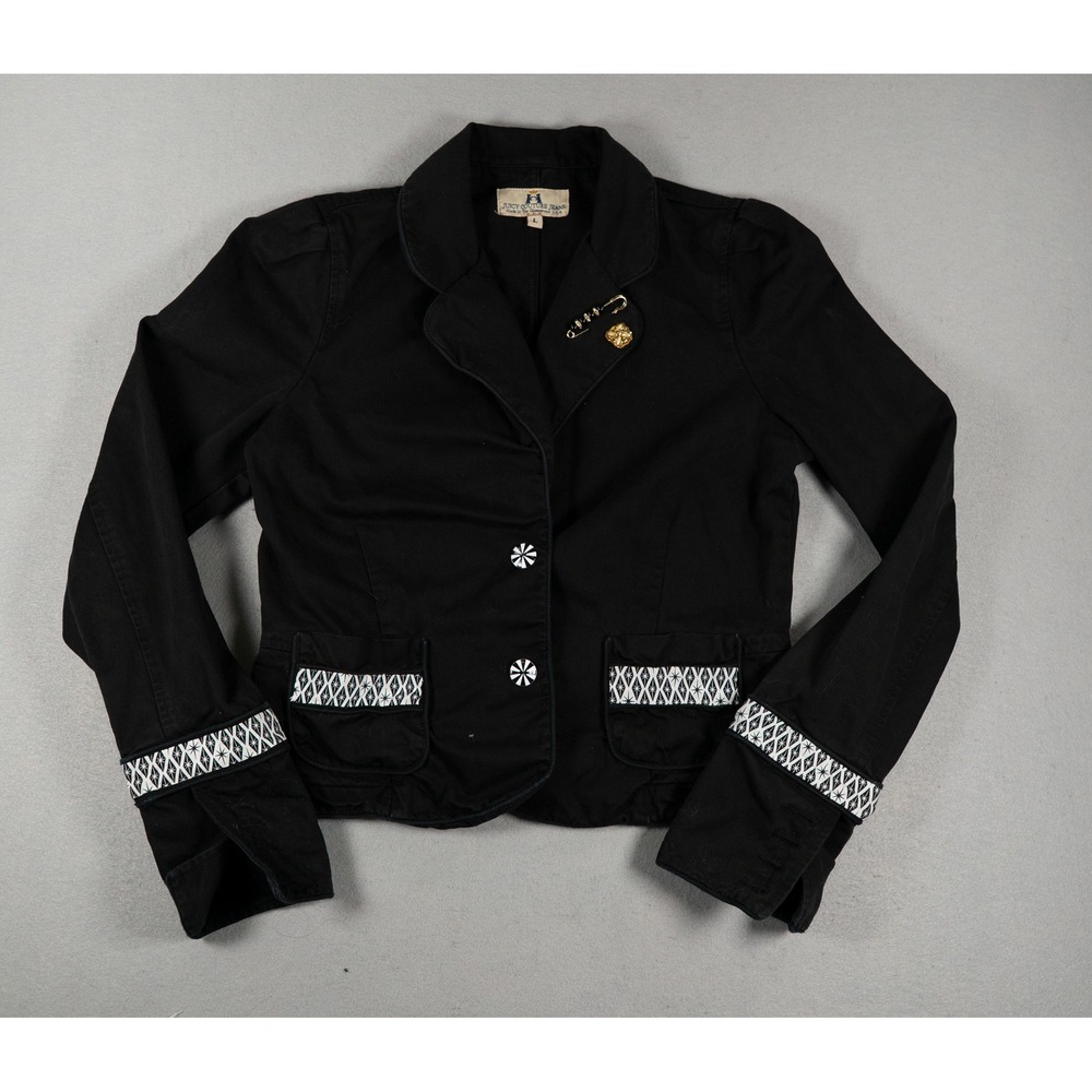 Vintage Juicy Couture Blazer Jacket Black Denim Embroidered Trim Size L Y2K